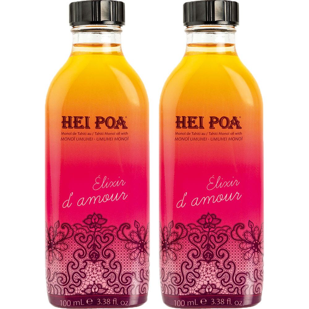 Zwei Flaschen mit farbigem Inhalt. Aufschrift: HEI POA, Elixir d'amour. Schwarzer Deckel, transparente Flasche, farbiger Inhalt.