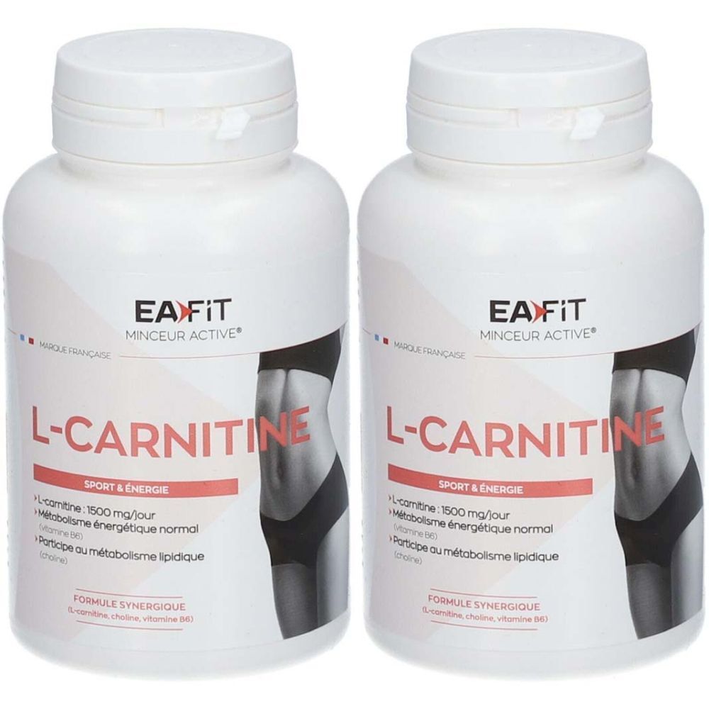 Deux flacons blancs avec étiquettes. Inscription: EA Fit L-Carnitine. Texte en français. Sport & Energie. Formule synergique.
