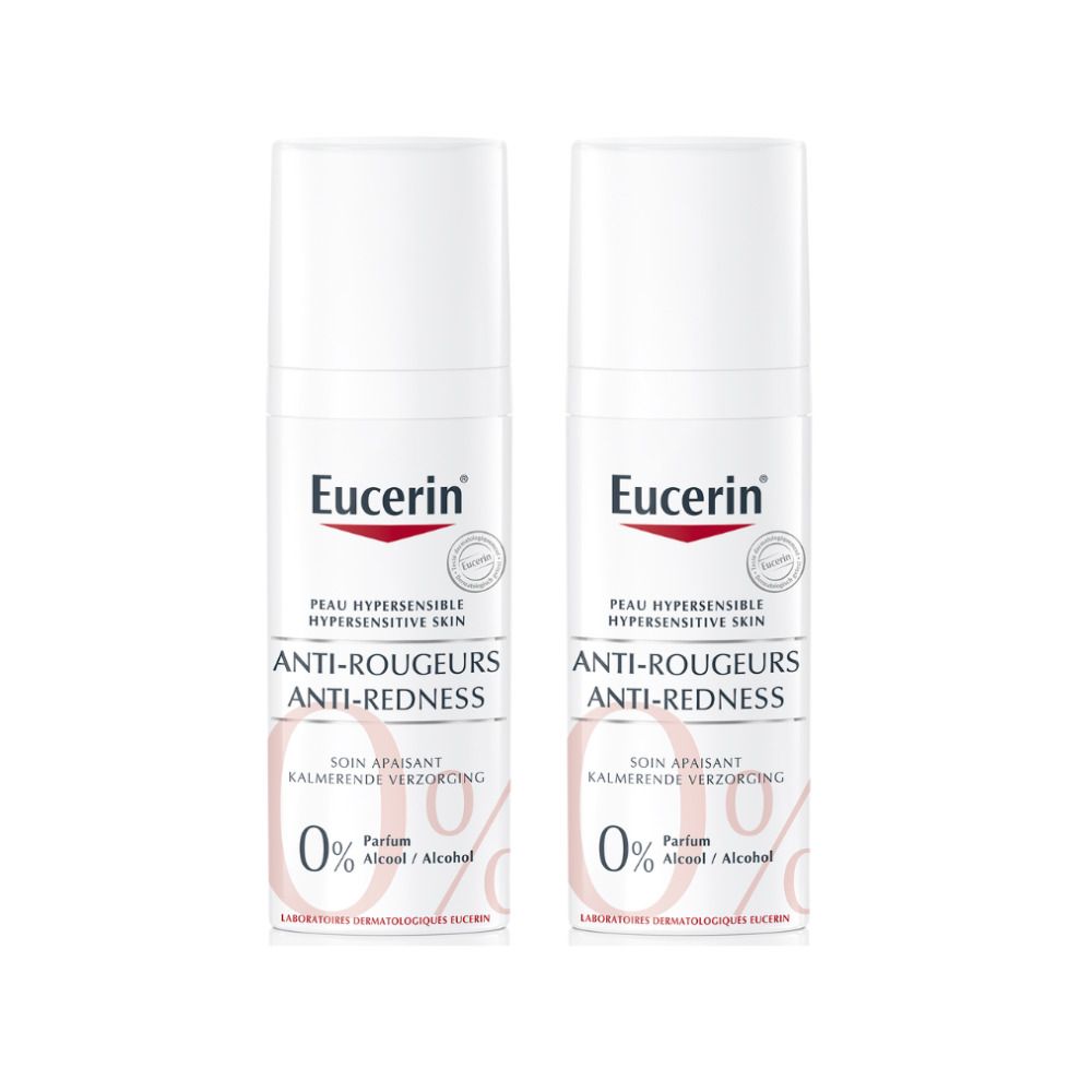 Zwei weiße Flaschen mit Eucerin-Logo und Aufschrift Anti-Rötungen. 0% Parfum und Alkohol.
