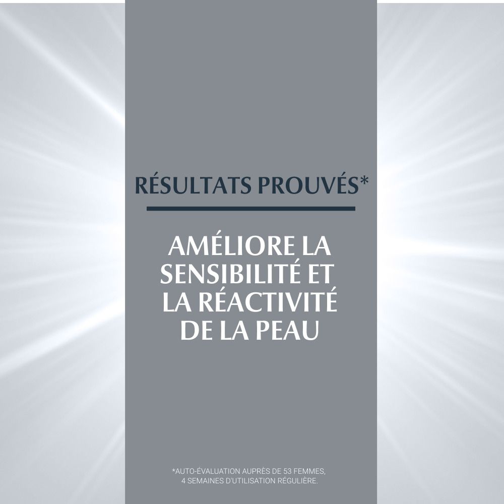Text: Résultats prouvés. Améliore la sensibilité et la réactivité de la peau.