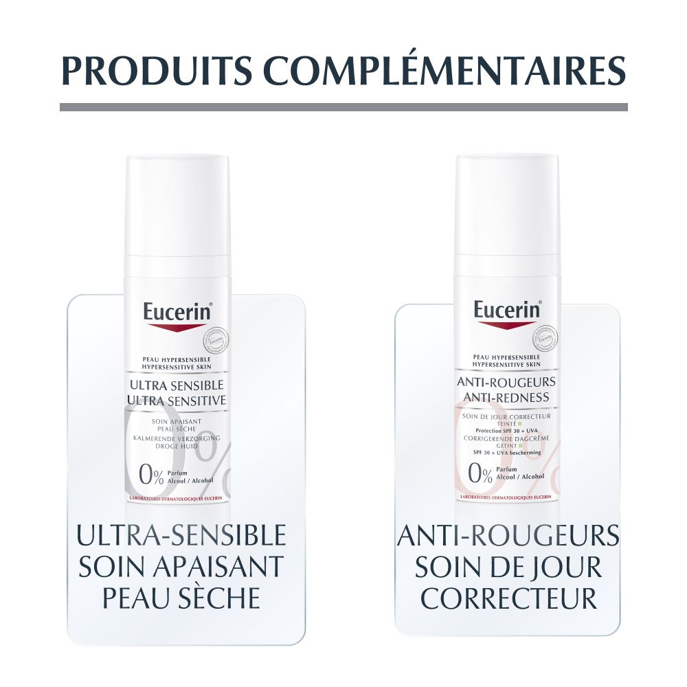 Zwei Flaschen. Links: Ultra-Sensible, Soin Apaisant Peau Sèche. Rechts: Anti-Rougeurs, Soin de Jour Correcteur.