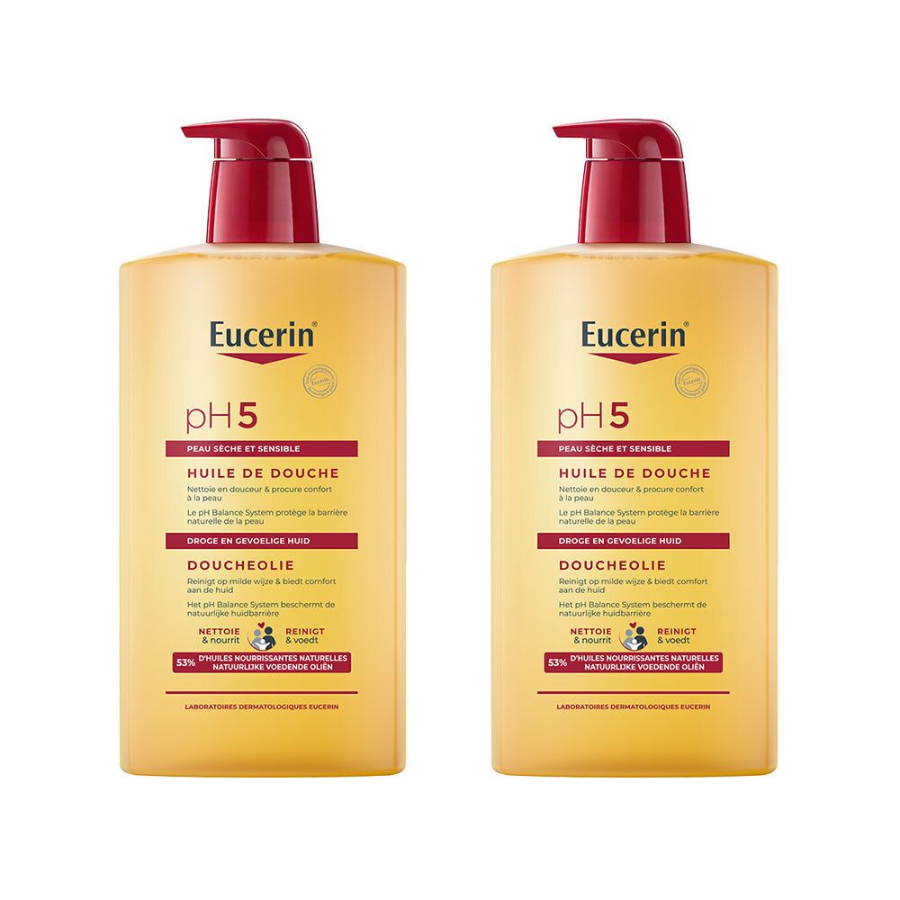 Zwei gelbe Flaschen mit rotem Pumpverschluss. Aufschrift: Eucerin pH5, Duschöl für empfindliche Haut. Produktverpackung.