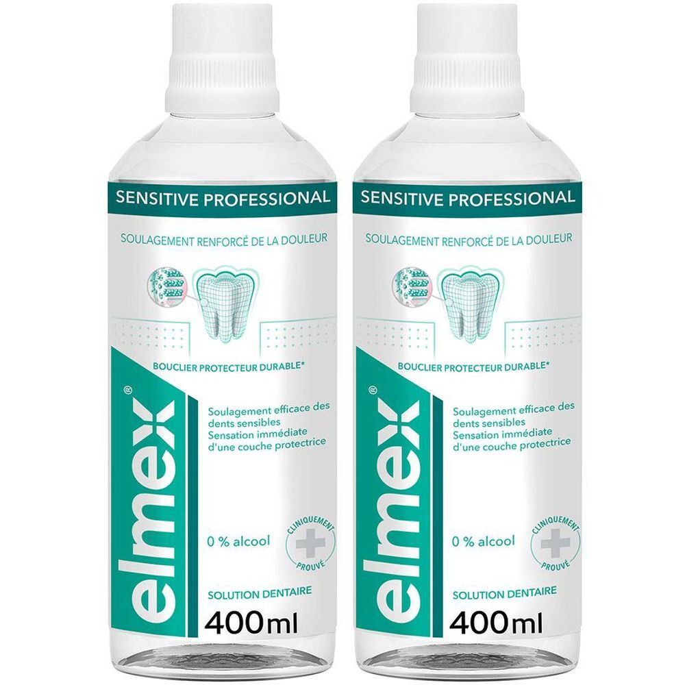 Zwei Flaschen elmex Sensitive Professional Zahnspülung. Weiße Flaschen mit grünen Etiketten. Aufschrift: Sensitive Professional, 400ml.