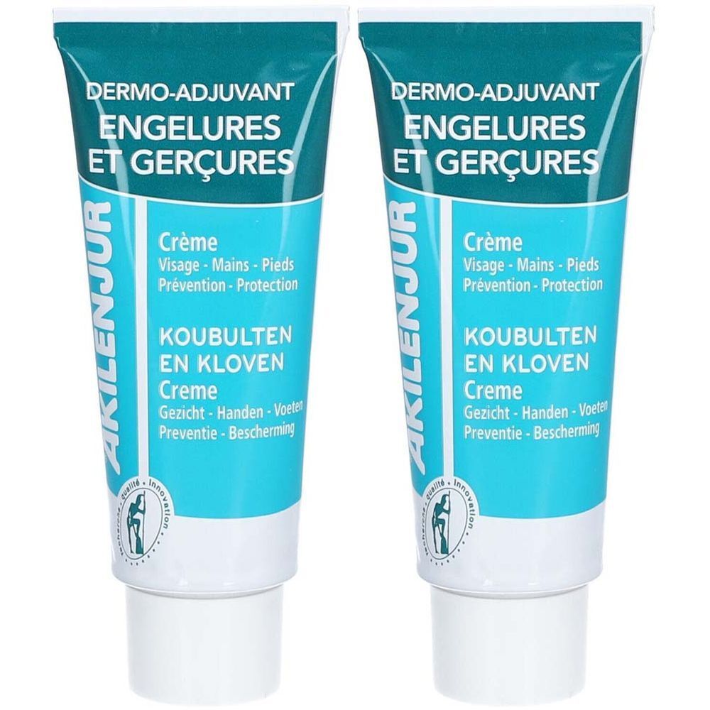 Zwei Tuben Creme. Aufschrift: Dermo-Adjuvant, Engelures et Gerçures. Marke: Akileïne. Creme für Gesicht, Hände, Füße.