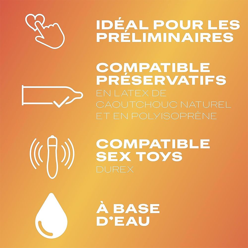Texte sur fond orange. Texte : Idéal pour les préliminaires, Compatible préservatifs, Compatible sex toys, À base d'eau.