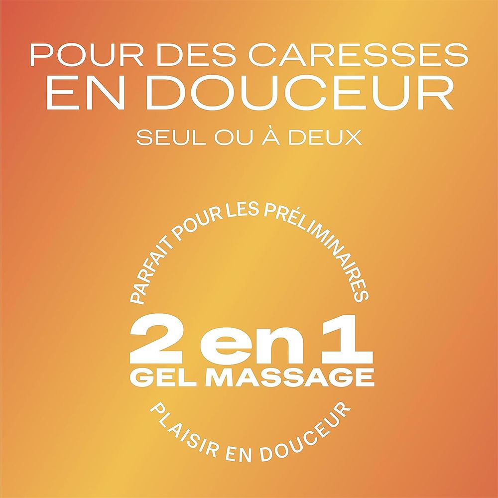 Texte sur fond orange. Texte : Pour des caresses en douceur, 2 en 1 Gel Massage, Plaisir en douceur, Parfait pour les préliminaires.