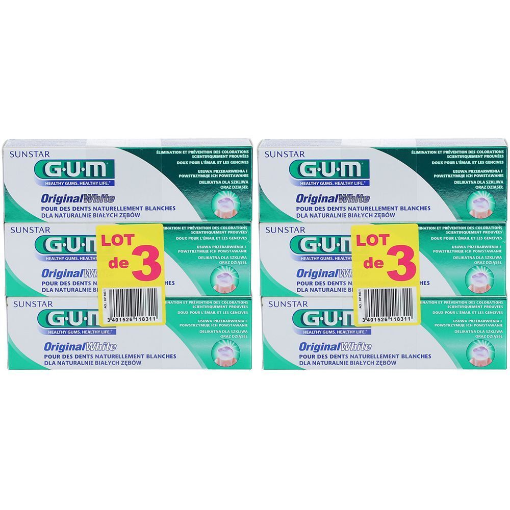 Plusieurs boîtes de dentifrice GUM Original White, avec étiquette "LOT de 3". Design vert et blanc, texte multilingue.