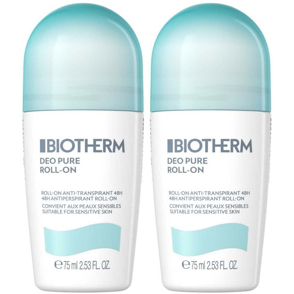 Zwei Roll-on-Deodorants von Biotherm. Weiße Flaschen mit blauem Deckel. Aufschrift: Deo Pure Roll-on, für empfindliche Haut.