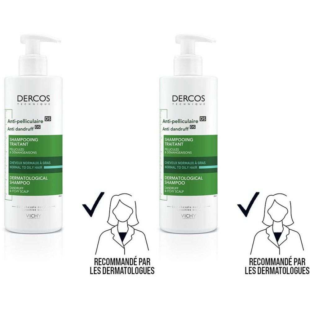 Zwei weiße Shampoo-Flaschen mit grünen Etiketten. Aufschrift: Dercos, Anti-Schuppen, dermatologisches Shampoo. Empfohlen von Dermatologen.
