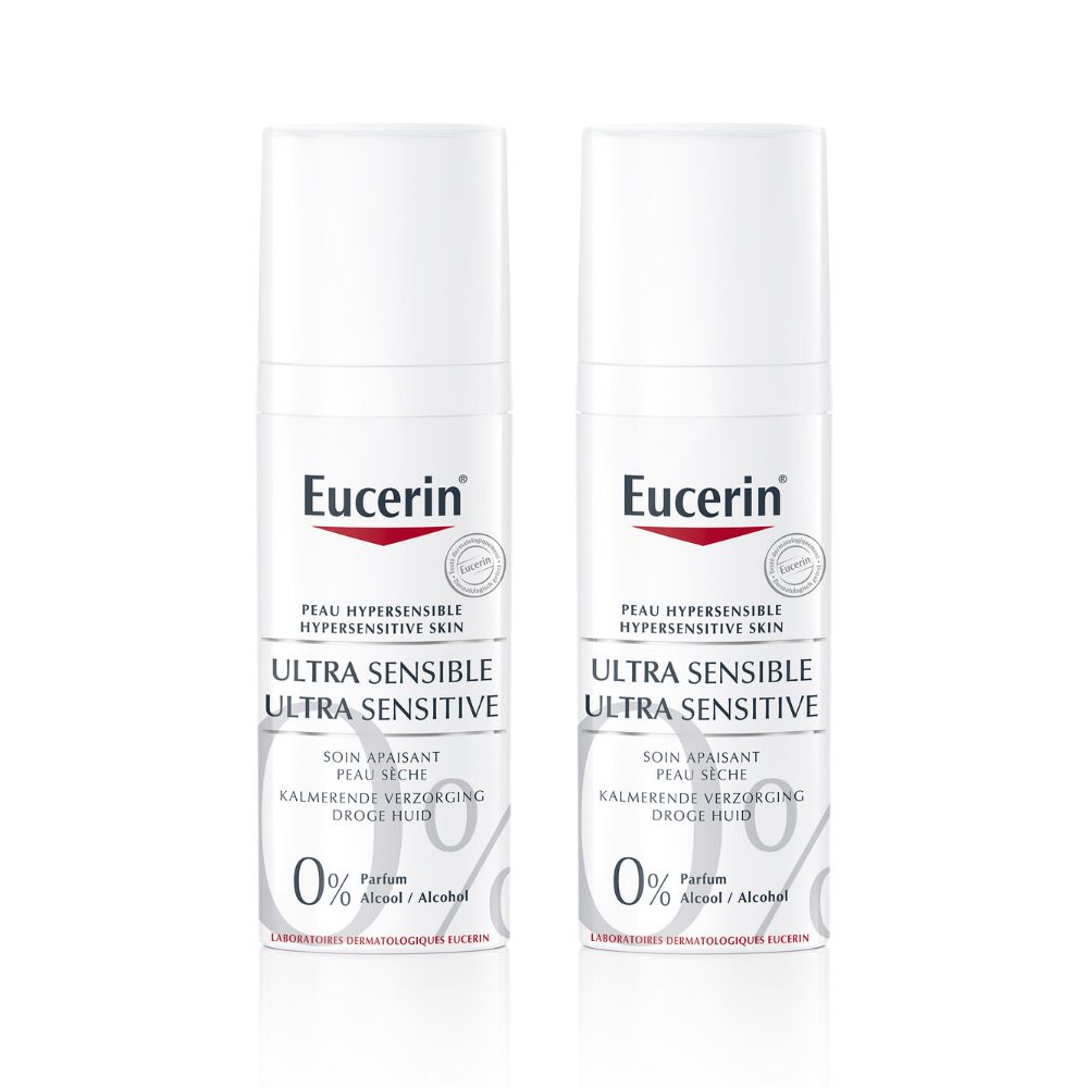 Deux flacons blancs Eucerin Ultra Sensible. Texte: Soin apaisant, 0% parfum/alcool. Emballage pour peau hypersensible.