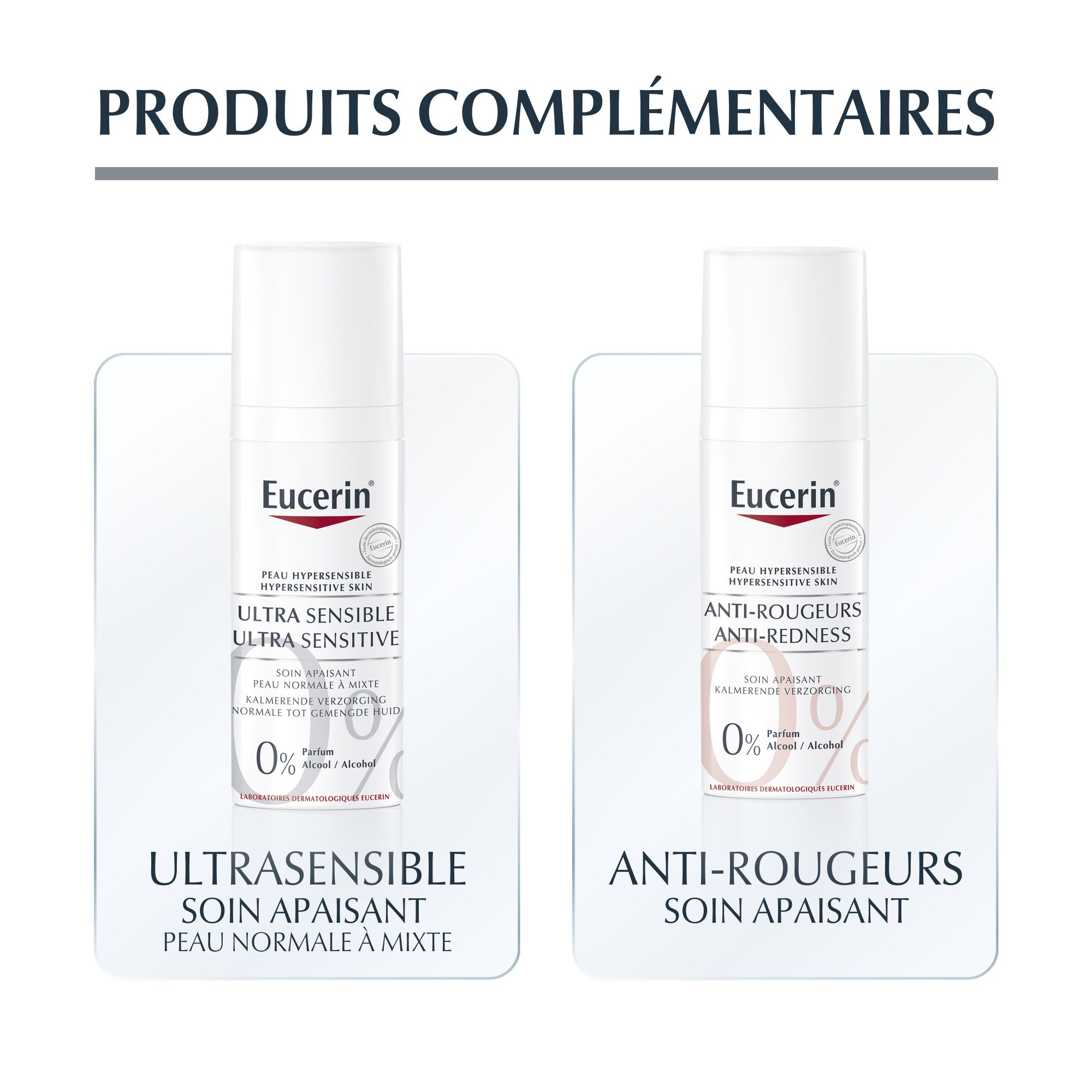 Deux produits Eucerin. Gauche: Ultra Sensible, soin apaisant. Droite: Anti-rougeurs, soin apaisant.