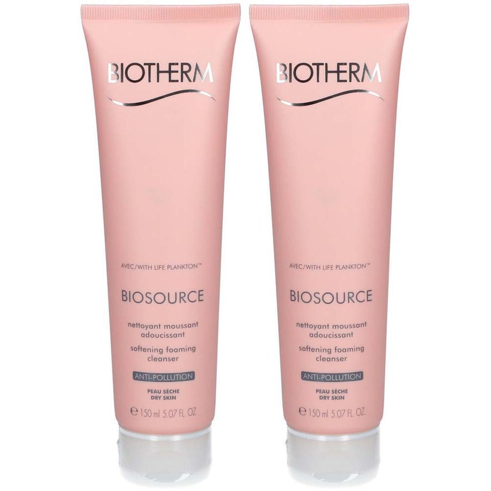 Zwei Tuben BIOTHERM Biosource Reinigungsschaum. Rosa Tuben mit weißer Schrift. Aufschrift: Biosource, softening foaming cleanser, Anti-Pollution.
