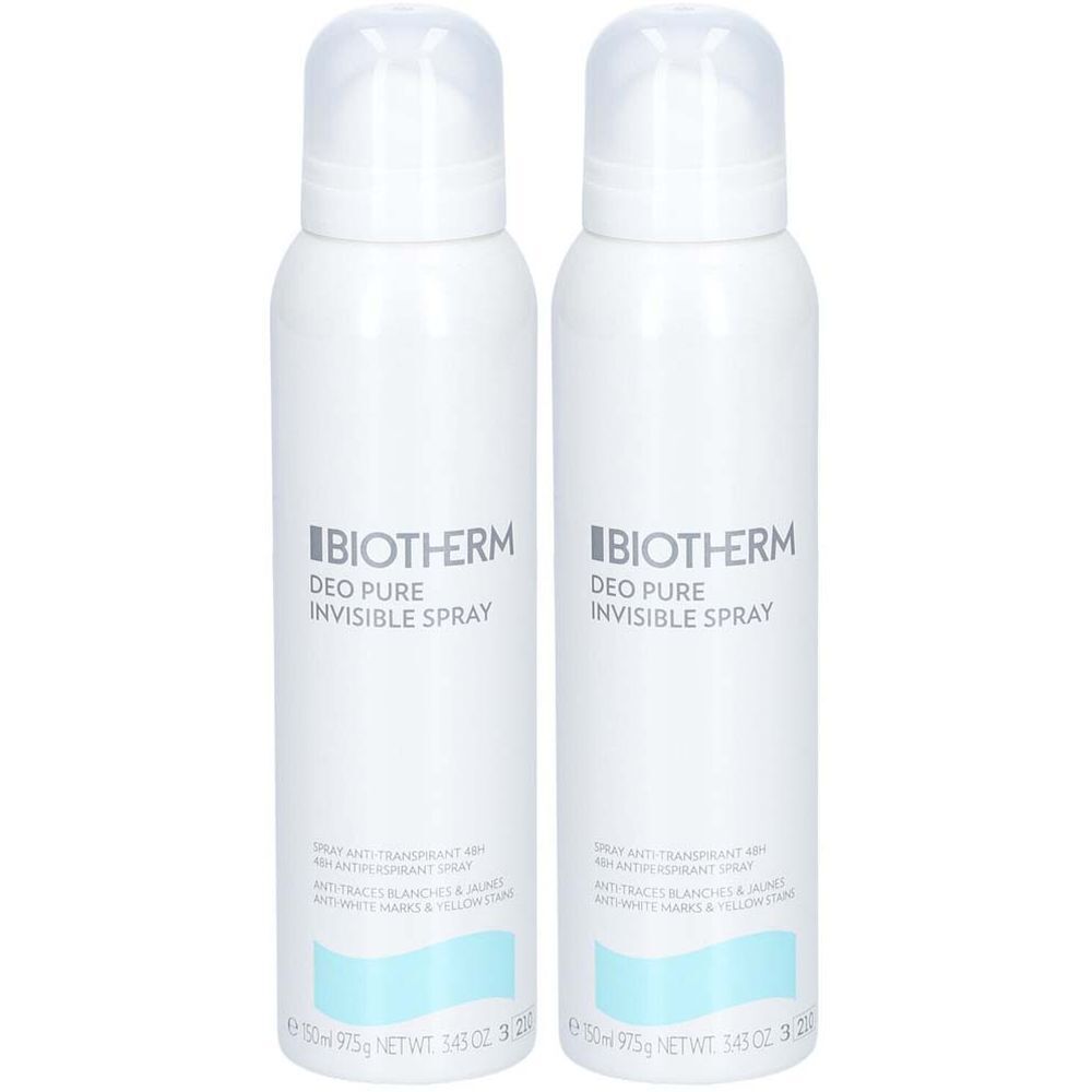 Zwei weiße Sprays mit Sprühkopf. Aufschrift: Biotherm Deo Pure Invisible Spray. Türkisfarbener Streifen am unteren Rand.