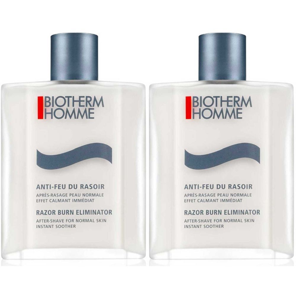 Zwei Flaschen Biotherm Homme Anti-Feu du Rasoir. Weiße Flaschen mit blauem Deckel und Schriftzug. Text: Razor Burn Eliminator.