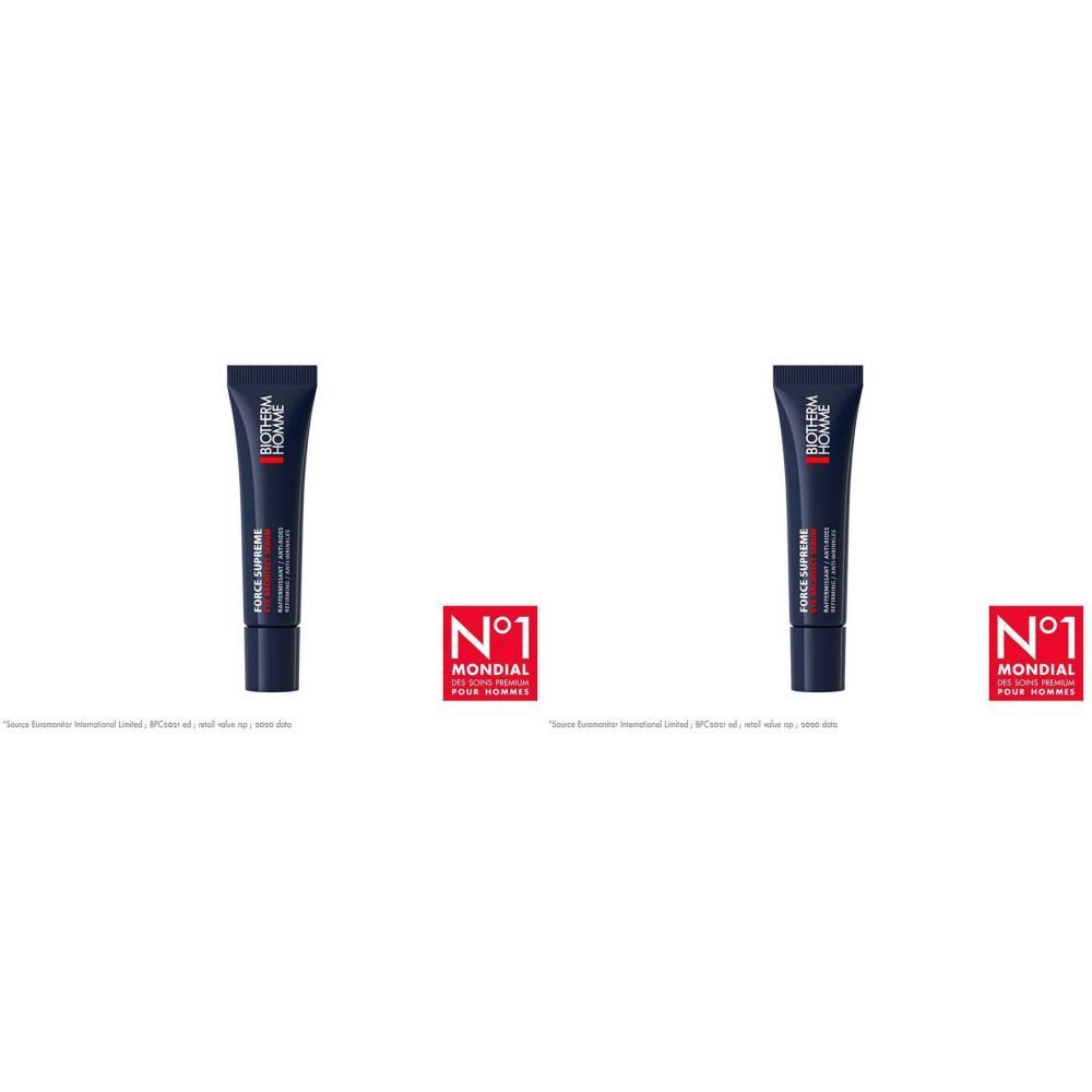 Zwei Tuben Biotherm HOMME Force Supreme Eye Architect Serum. Blaue Tube mit roter und weißer Schrift. N°1 Mondial Logo.