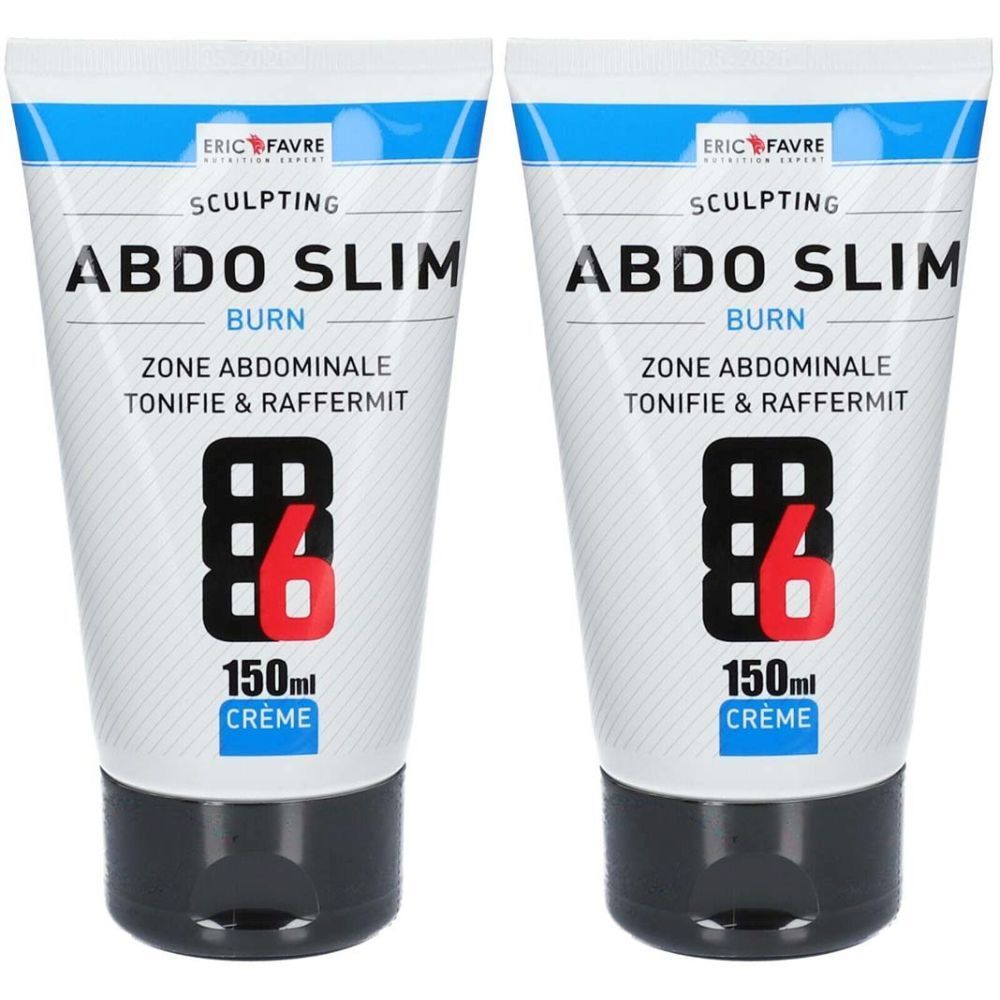 Deux tubes de crème. Inscription: ERIC FAVRE, ABDO SLIM BURN, 150ml. Bouchon noir, corps du tube blanc avec des accents bleus et rouges.