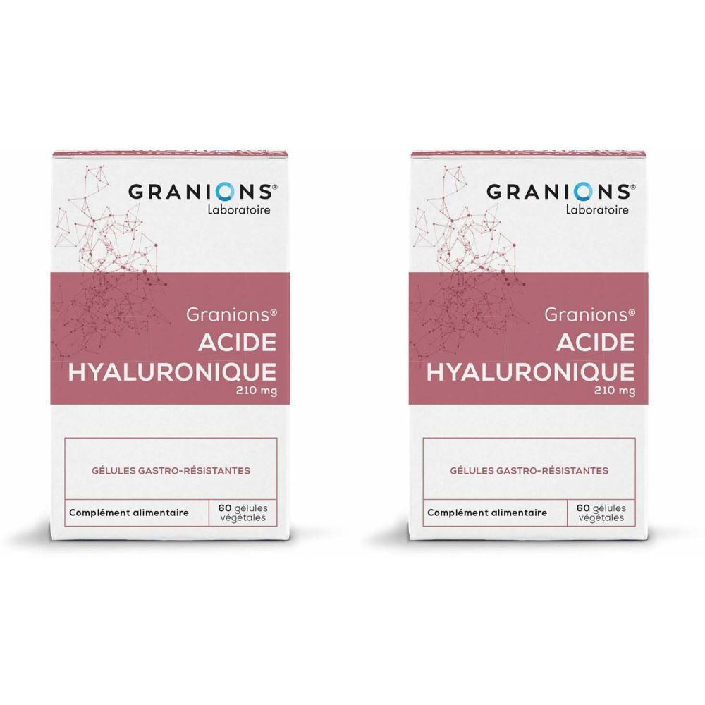 Zwei Schachteln mit GRANIONS® Hyaluronsäure. Aufschrift: ACIDE HYALURONIQUE 210 mg, 60 vegetale Kapseln. Ergänzungsmittel.