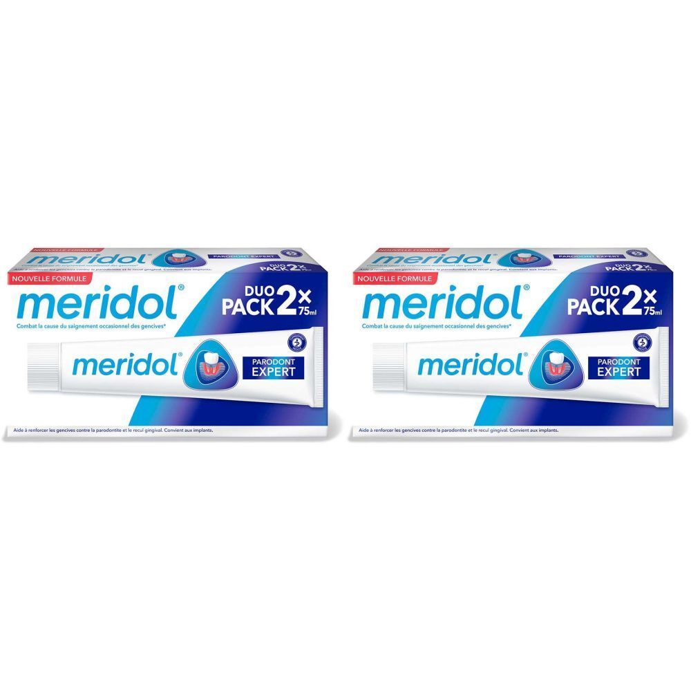 Zwei Packungen meridol® Zahnpasta PARODONT EXPERT. Duo-Pack mit zwei Tuben. Blaue und weiße Verpackung mit Produktnamen.