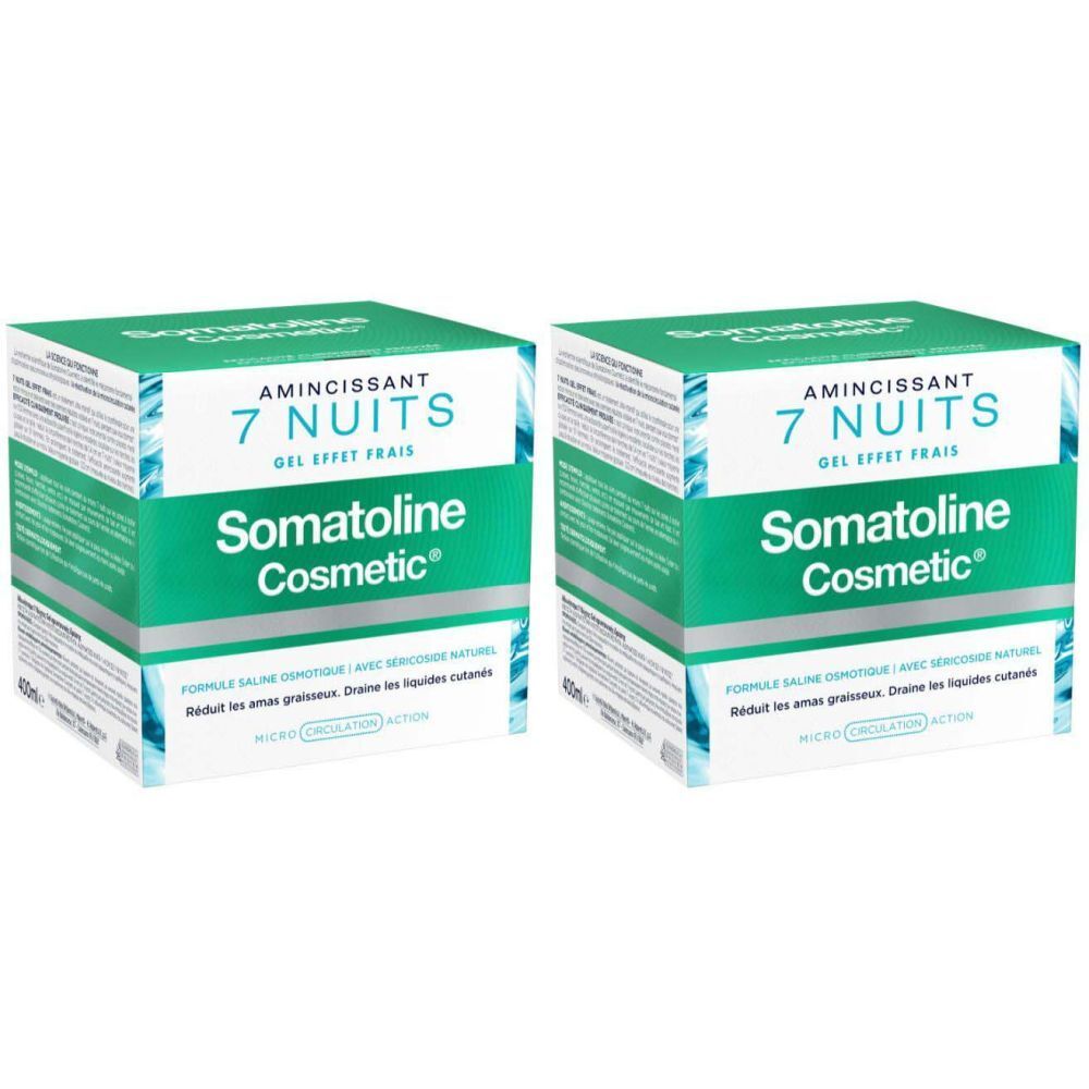 Zwei quadratische Verpackungen von Somatoline Cosmetic® 7 Nuits. Grün-weiße Farbgebung mit Produktnamen und Text.