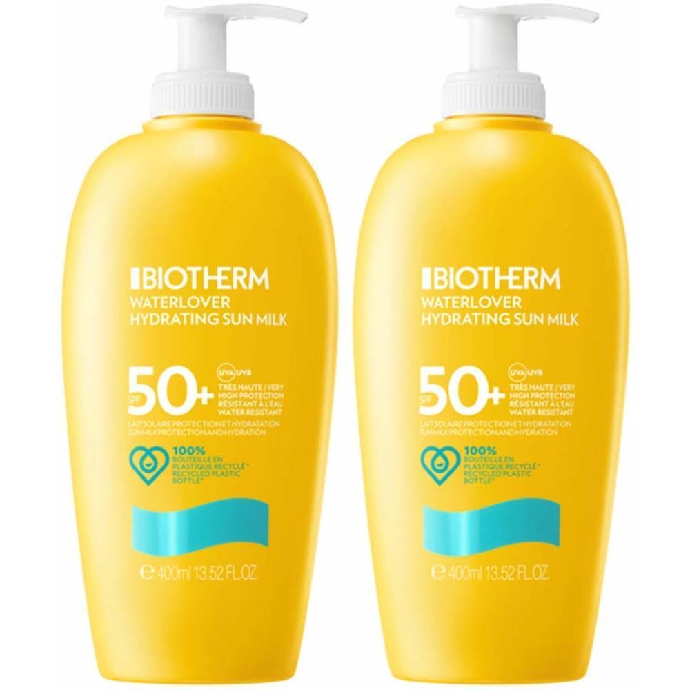 Zwei gelbe Flaschen mit Pumpverschluss. Aufschrift: BIOTHERM WATERLOVER Hydrating Sun Milk, SPF 50+. 100% recyceltes Plastik.