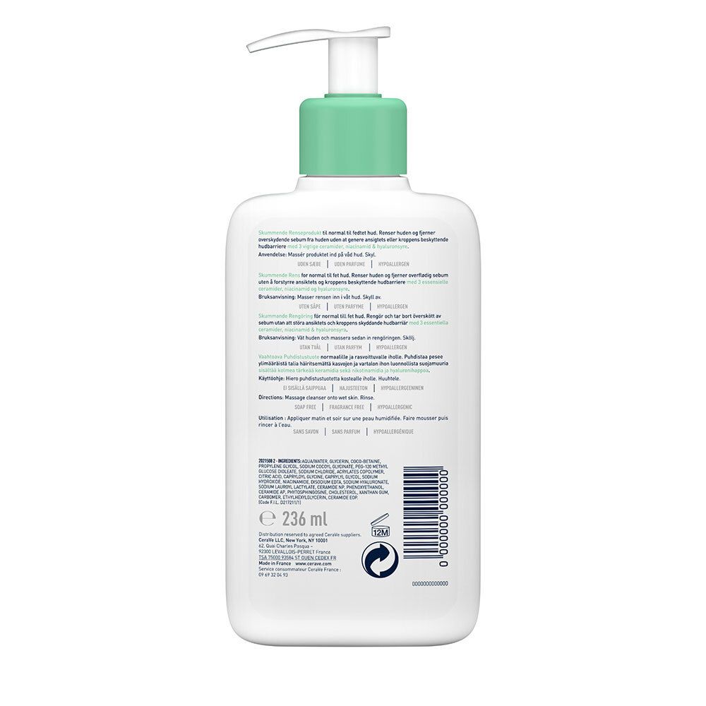 Rückseite einer weißen Flasche mit grünem Deckel und Pumpe. Text in mehreren Sprachen. E 236 ml. Barcode.