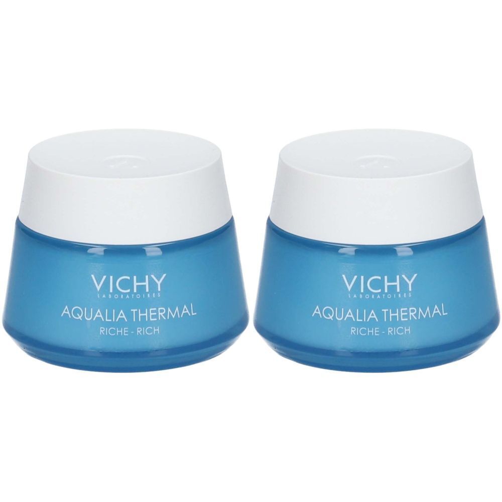 Zwei Tiegel Creme mit weißem Deckel und blauem Glas. Aufschrift: VICHY, AQUALIA THERMAL, RICHE-RICH.