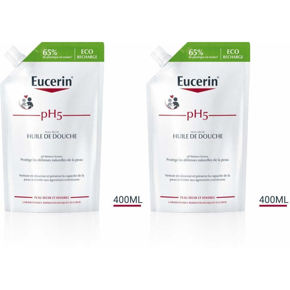 Deux recharges de Eucerin pH5 Huile de douche. Blanc, texte rouge et vert. Inscription : pH5, 400ml, 65% de plastique en moins.