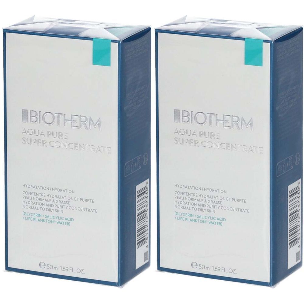 Deux boîtes rectangulaires avec "Biotherm Aqua Pure Super Concentrate". Emballage bleu et blanc avec informations sur le produit.