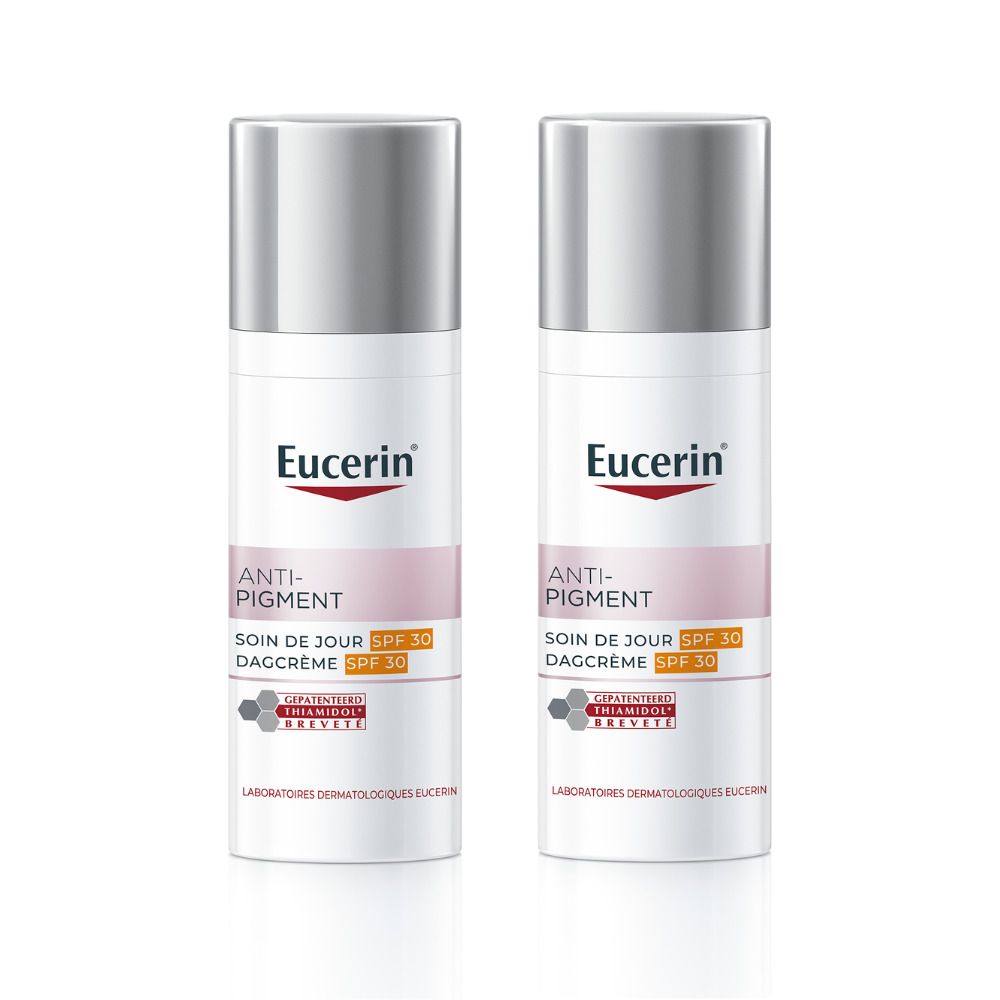 Deux flacons Eucerin® Anti-Pigment Soin de Jour SPF 30. Flacons blancs avec bouchon argenté. Texte : Eucerin, Anti-Pigment, SPF 30.