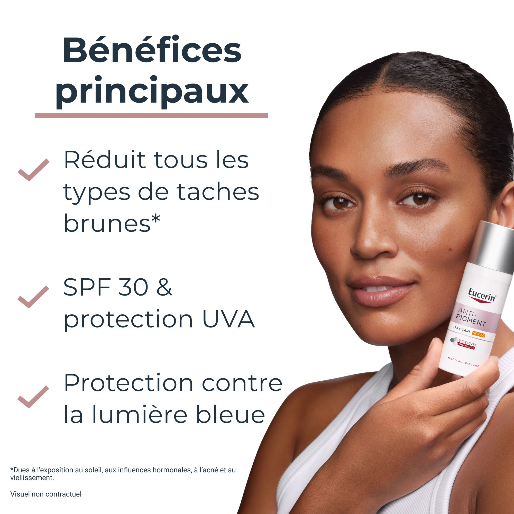Femme tenant Eucerin® Anti-Pigment. Texte : Réduit les taches brunes, SPF 30 & protection UVA, protection contre la lumière bleue.