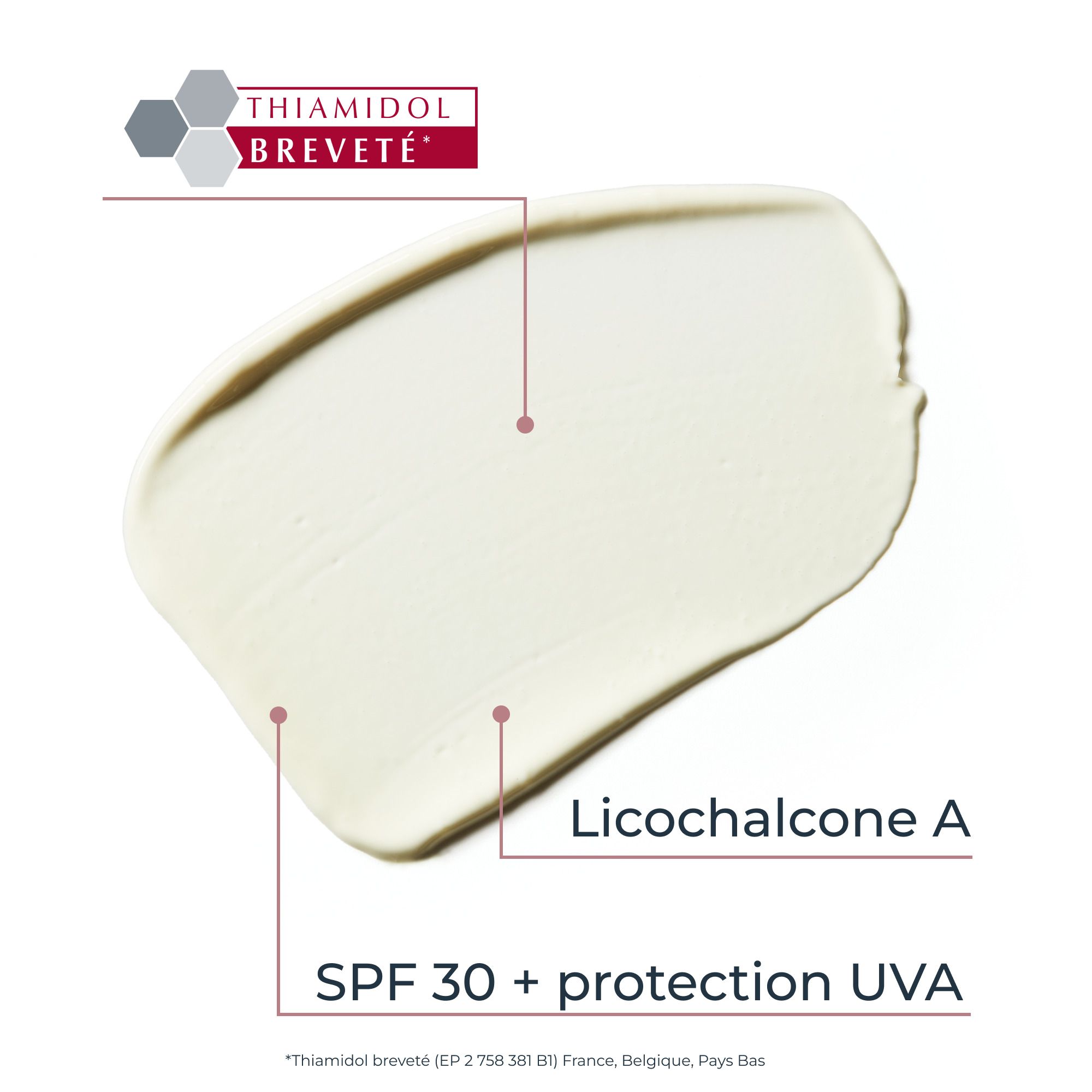 Échantillon de crème. Texte : SPF 30 + protection UVA, Licochalcone A, Thiamidol Breveté.