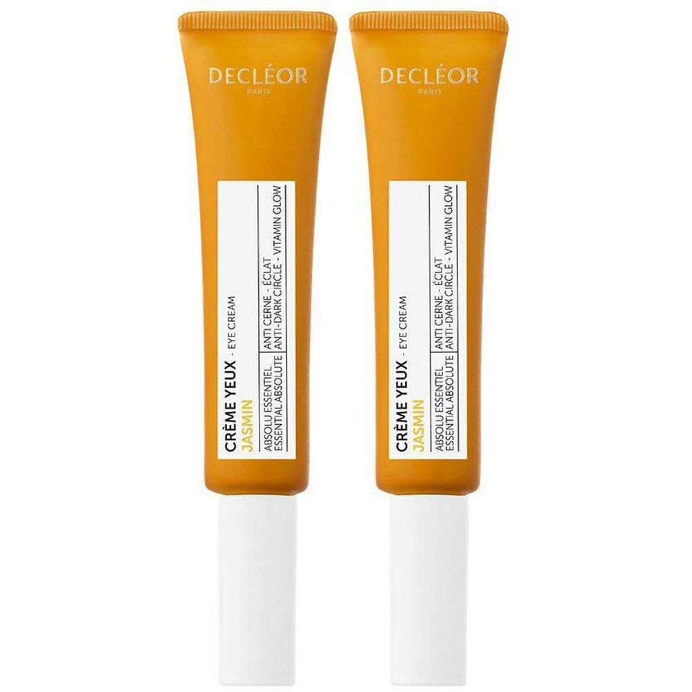 Deux tubes de crème pour les yeux. Tubes orange avec impression blanche. Inscription : Crème Yeux, Jasmin, Decléor.