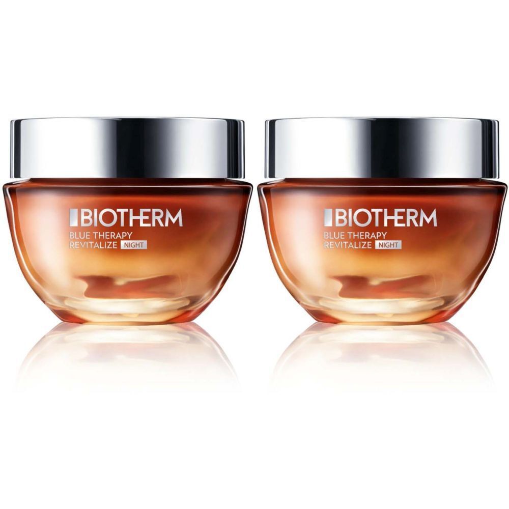 Zwei Tiegel Biotherm Blaue Therapie Bernstein Crème Nuit Anti-âge. Glasbehälter mit silbernem Deckel. Aufschrift: BIOTHERM, BLUE THERAPY, REVITALIZE NIGHT.