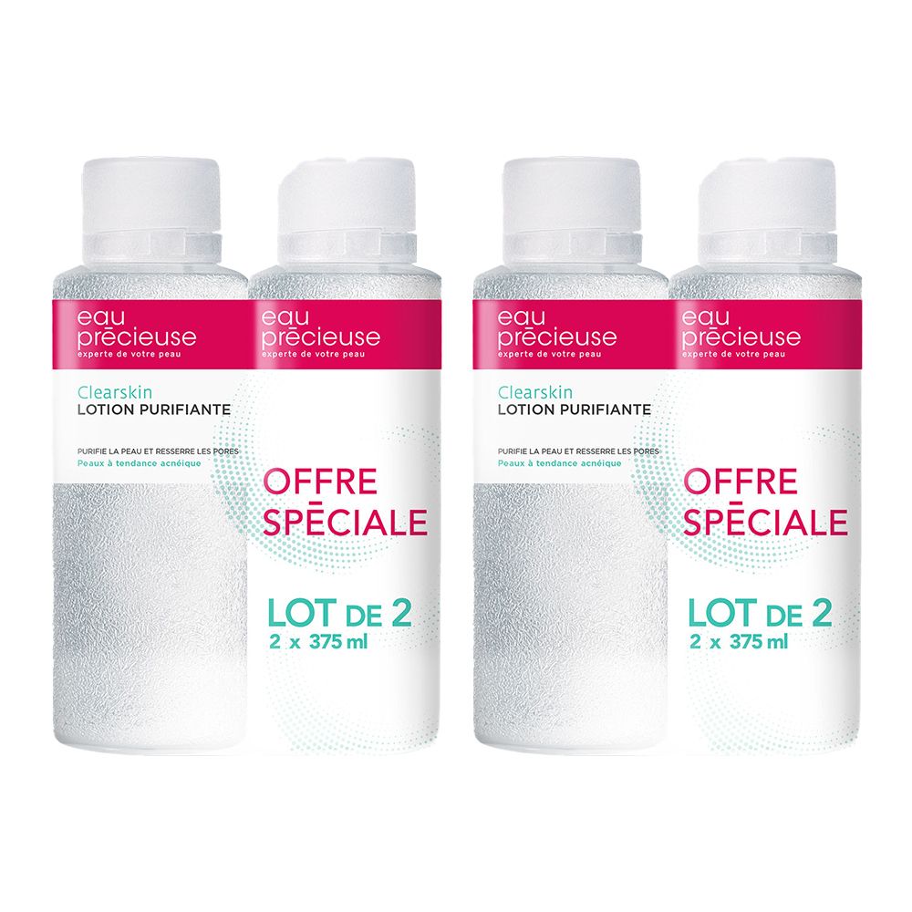 Quatre flacons Eau Précieuse Clearskin Lotion Purifiante. Inscription "Offre Spéciale" et "Lot de 2".
