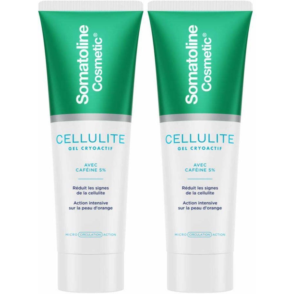 Deux tubes de gel. Inscription: Somatoline Cosmetic, CELLULITE GEL CRYOACTIF, avec caféine 5%. Réduit les signes de la cellulite.