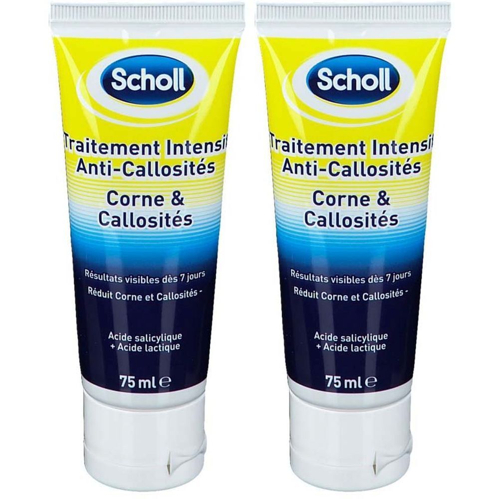 Deux tubes de traitement intensif Scholl. Emballage jaune et bleu. Inscription: Anti-Callosités, 75 ml.
