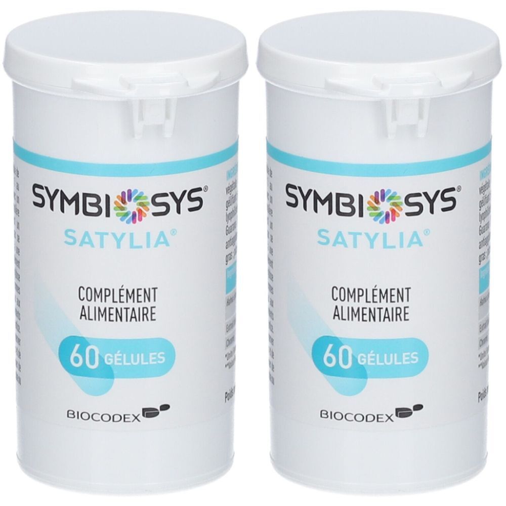 Deux boîtes blanches avec couvercles. Inscription : SYMBIOSYS Satylia, complément alimentaire, 60 gélules. Marque : BIODECOX.