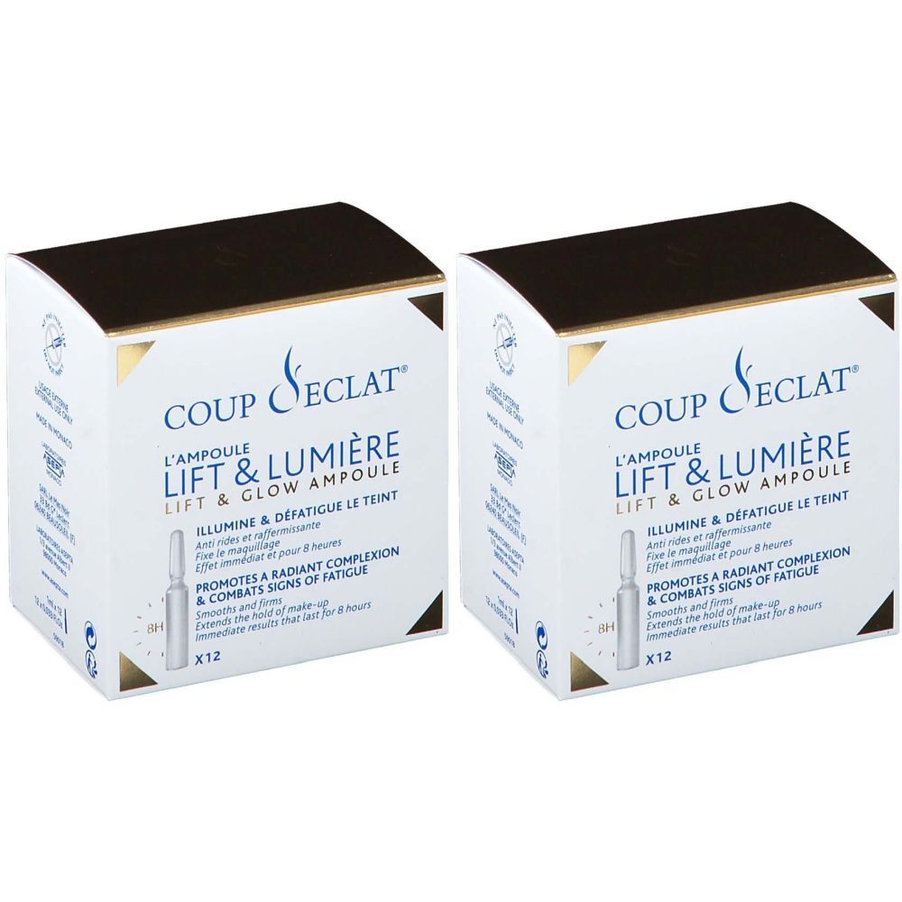 Zwei weiße Schachteln mit dem Produkt Coup d'éclat® Ampoule Lift & Lumière. Aufschrift: L'Ampoule Lift & Lumière, X12.