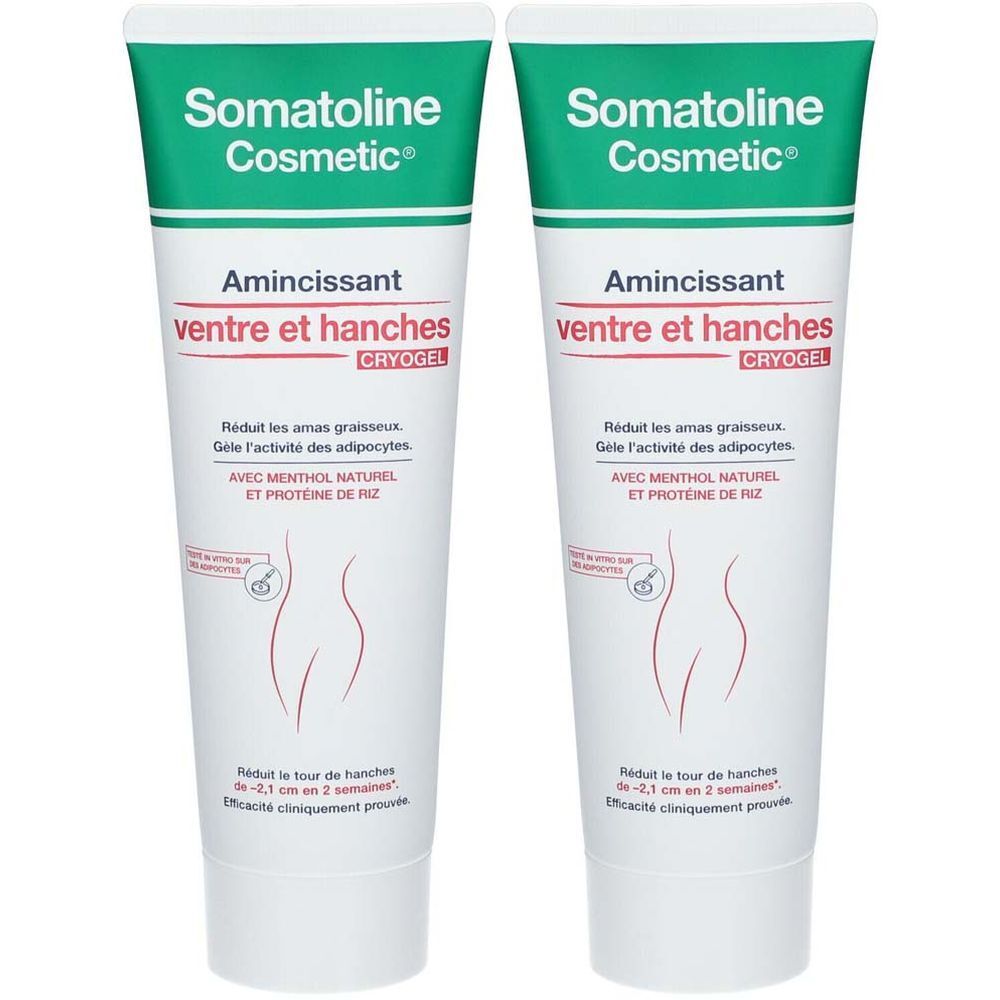 Deux tubes blancs côte à côte. Inscriptions : "Somatoline Cosmetic", "Amincissant ventre et hanches" et "Cryogel".