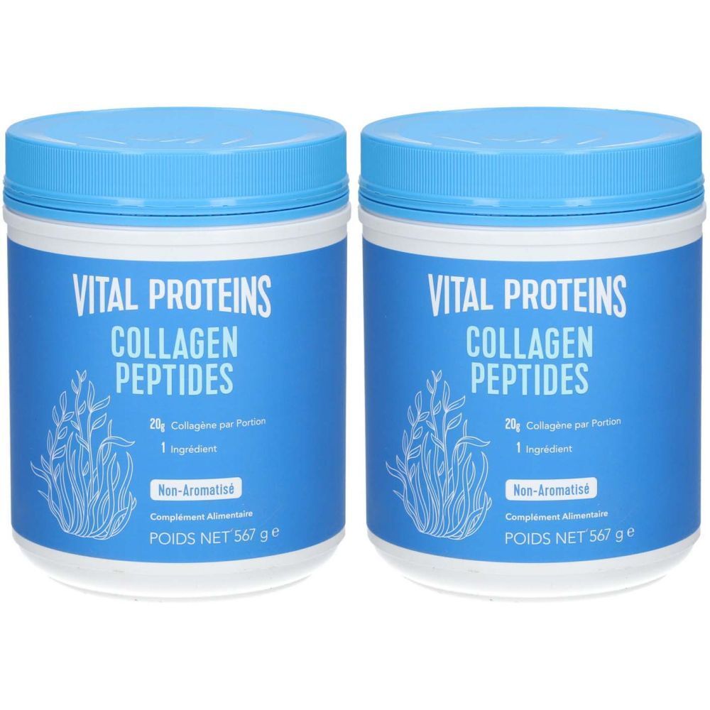 Deux boîtes bleues avec couvercles blancs. Inscription: VITAL PROTEINS COLLAGEN PEPTIDES. Détails: 20g collagène par portion, 1 ingrédient, Non-Aromatise, POIDS NET 567 g.