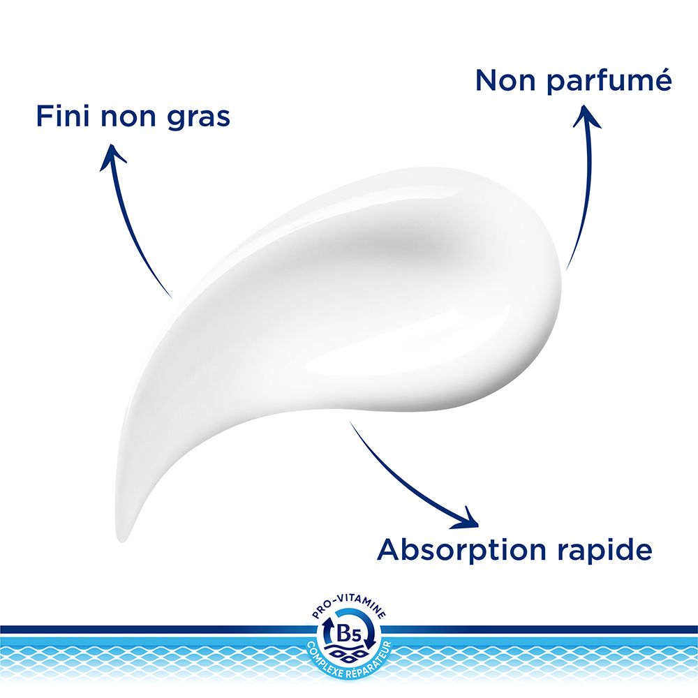 Weißes Creme-Produkt. Text: Fini non gras, Non parfumé, Absorption rapide. Logo Pro-Vitamine B5.