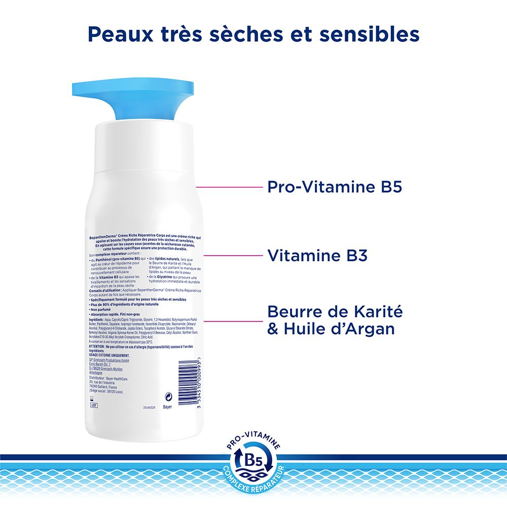 Rückseite der Flasche BepanthenDerma Creme. Text: Pro-Vitamine B5, Vitamine B3, Beurre de Karité & Huile d'Argan.