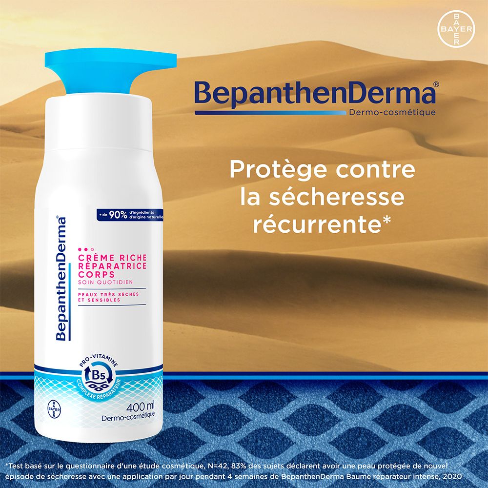 Flasche BepanthenDerma Creme. Weiße Flasche mit blauem Pumpkopf. Text: Crème Riche Réparatrice Corps. 400 ml.
