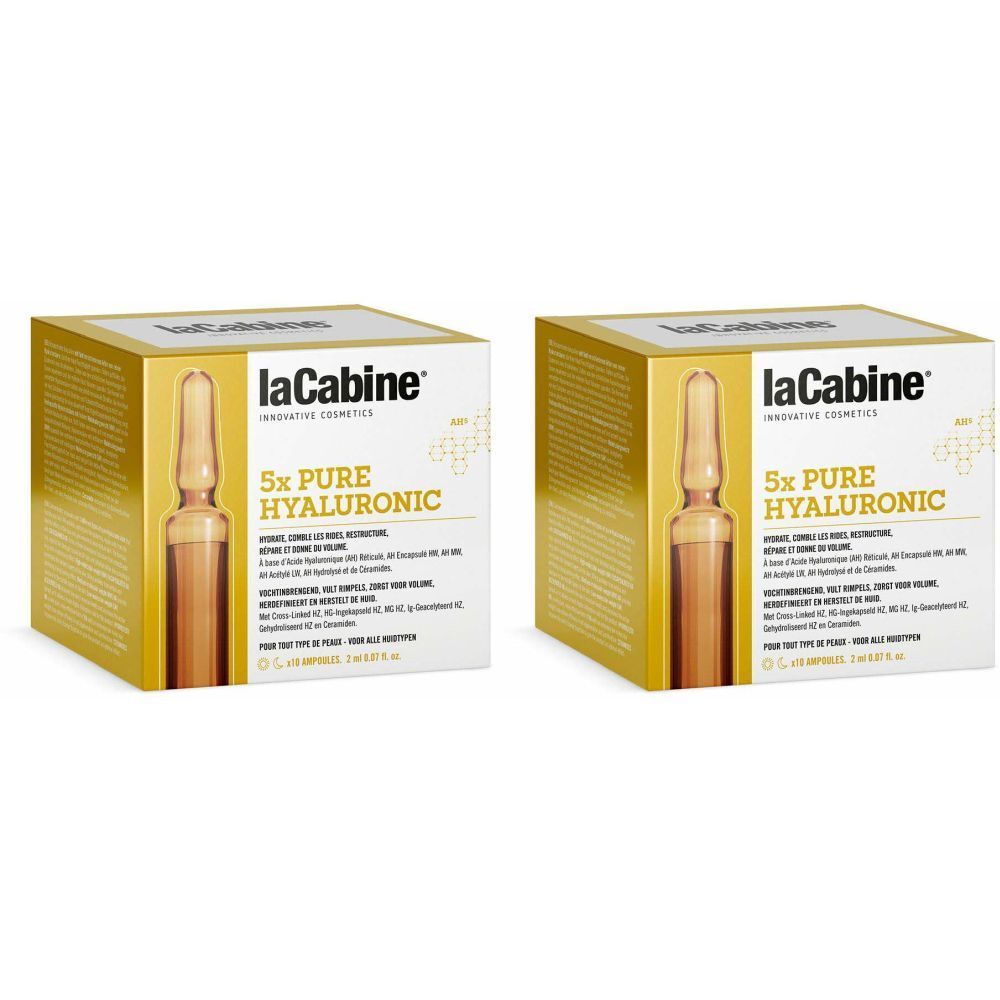 Zwei Kartons mit LaCabine 5x Pure Hyaluronic Ampullen. Goldfarbene Verpackung mit Produktabbildung und Text. Aufschrift: 5x Pure Hyaluronic.