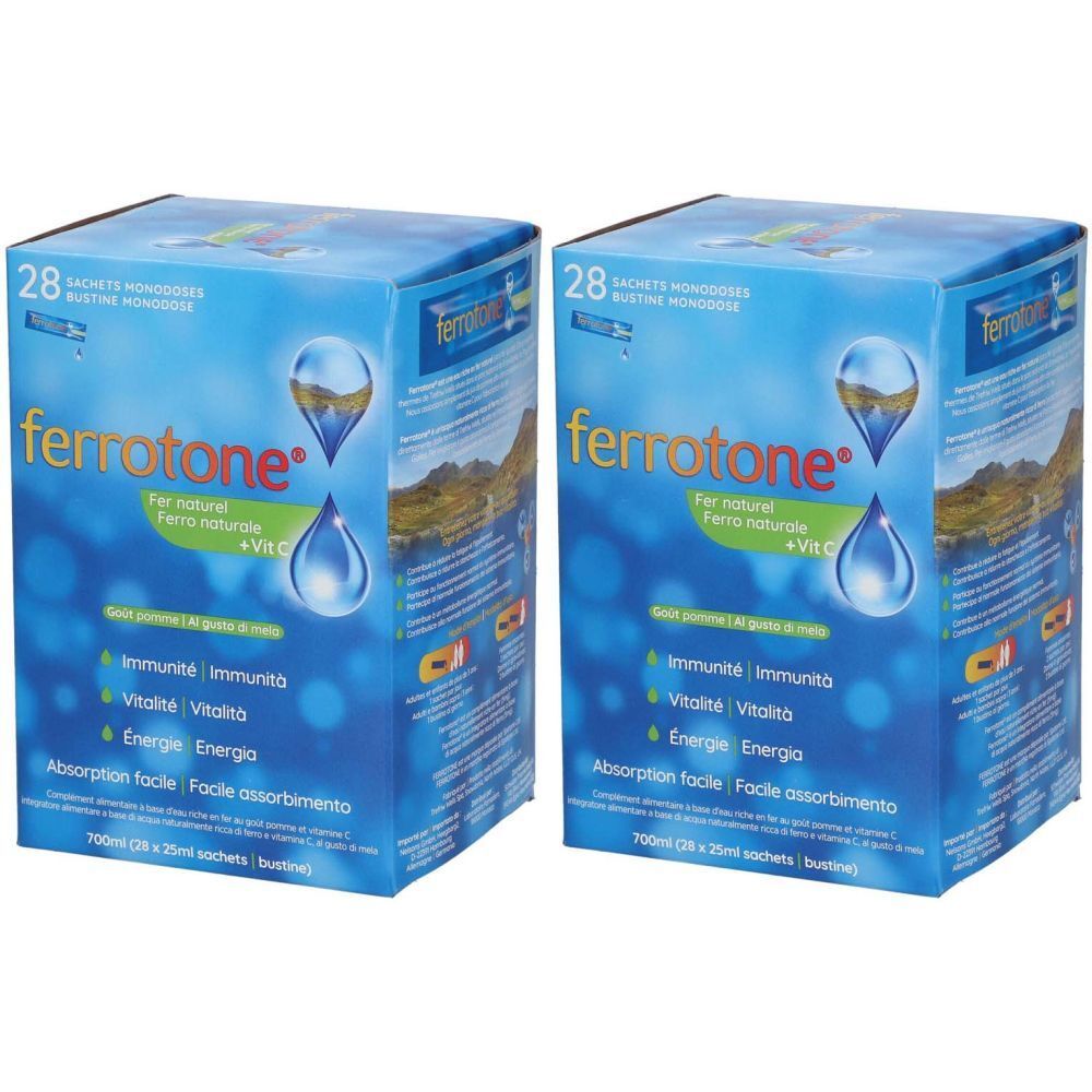 Zwei blaue Kartons mit "ferrotone"-Logo und Text. Enthält 28 Sachets. Aufschrift: "Fer naturel + Vit C".