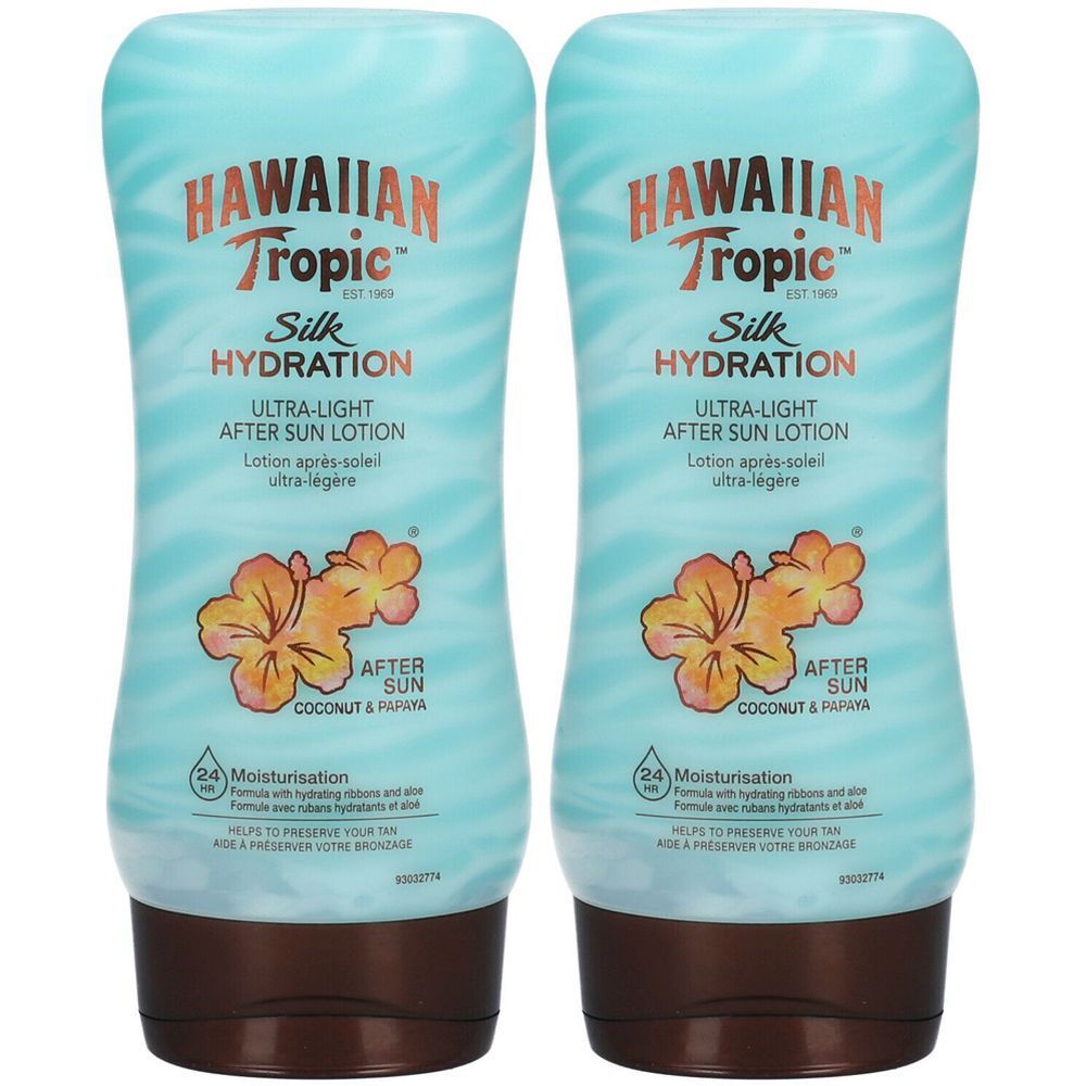 Zwei Flaschen After-Sun-Lotion. Türkis-farbene Flaschen mit braunem Deckel. Aufschrift: Hawaiian Tropic Silk HYDRATION.