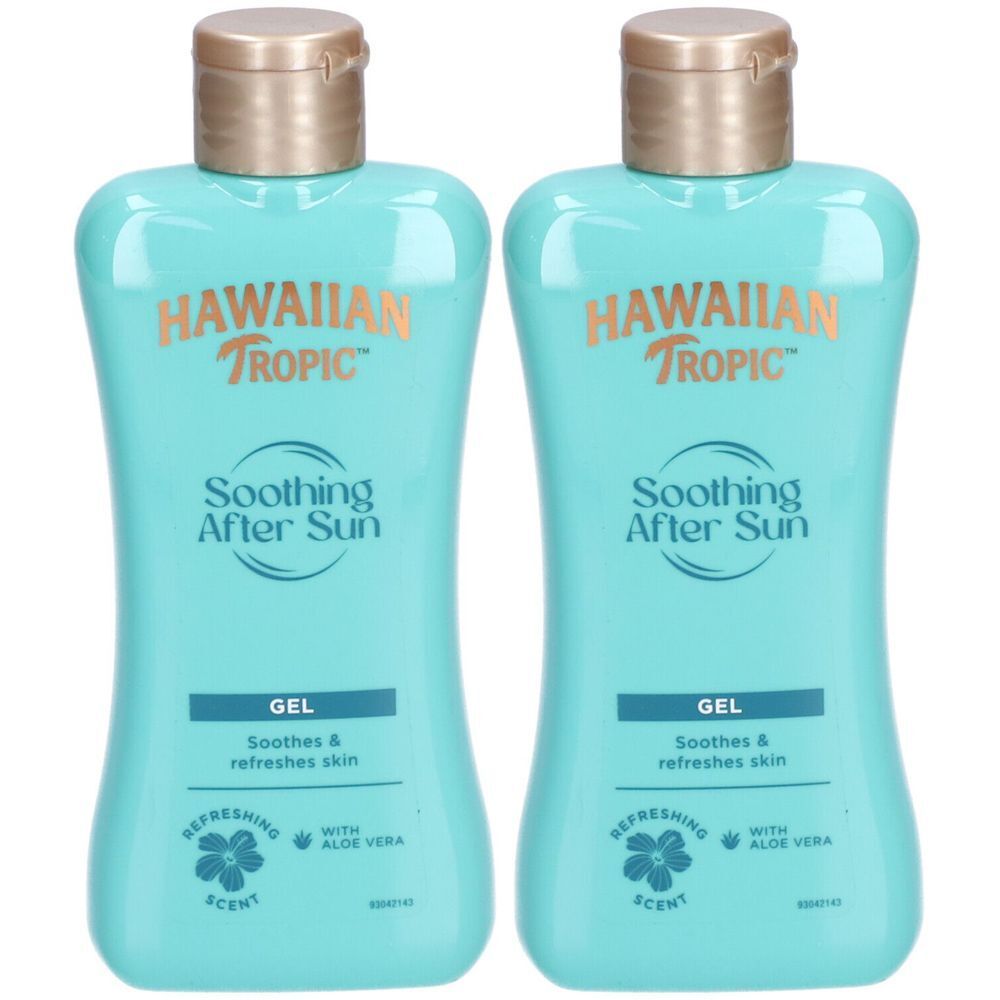 Zwei türkisfarbene Flaschen mit goldfarbenem Deckel. Aufschrift: HAWAIIAN TROPIC, Soothing After Sun, Gel. Enthält Aloe Vera.