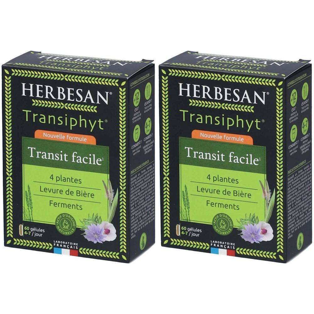 Deux boîtes HERBESAN Transiphyt. Emballage noir avec accents verts et blancs. Texte: Transit facile, 4 plantes, Levure de Bière, Ferments. 60 gélules.