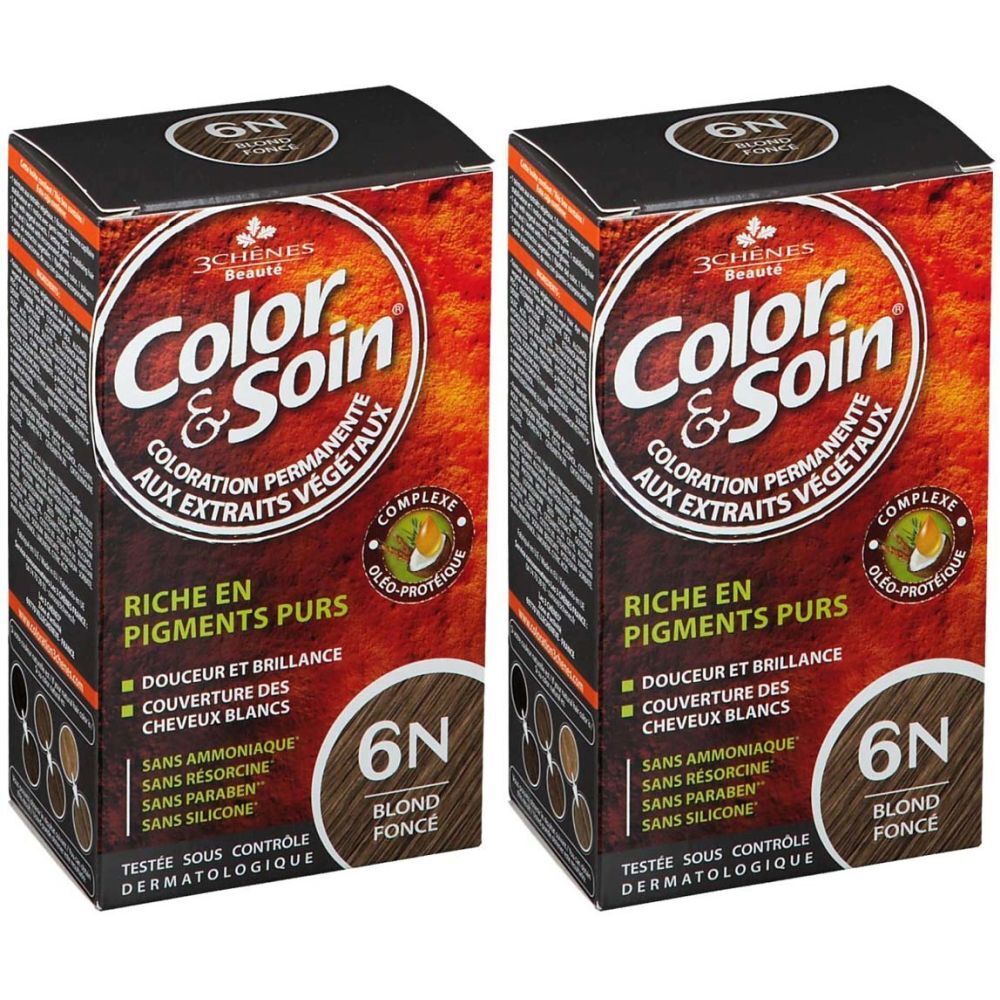 Zwei Schachteln Les 3 Chênes Color & Soin 6N. Aufdrucke: Color & Soin, 6N blond foncé, permanente Coloration, Extrait Végétaux.