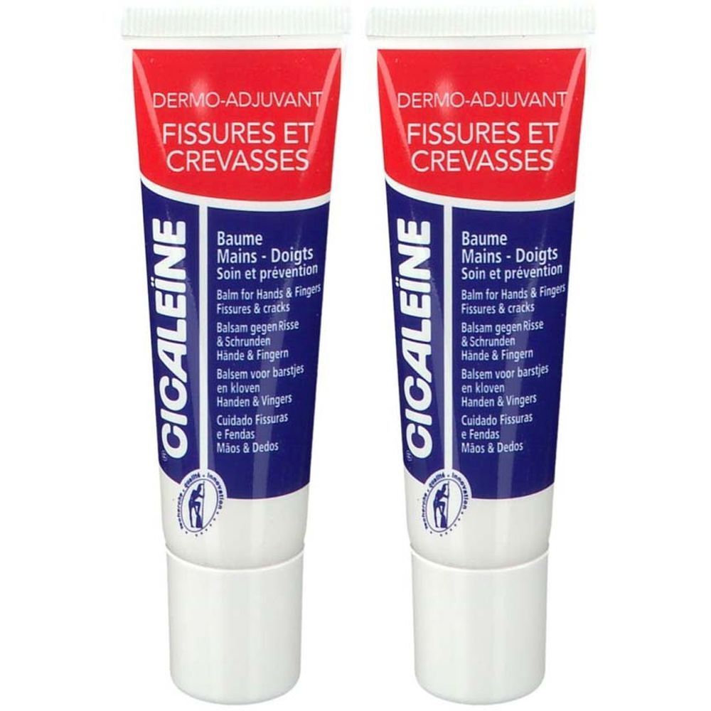 Deux tubes de crème. Rouge et blanc. Inscription : Cicaleïne, Baume Mains - Doigts, Fissures et Crevasses.
